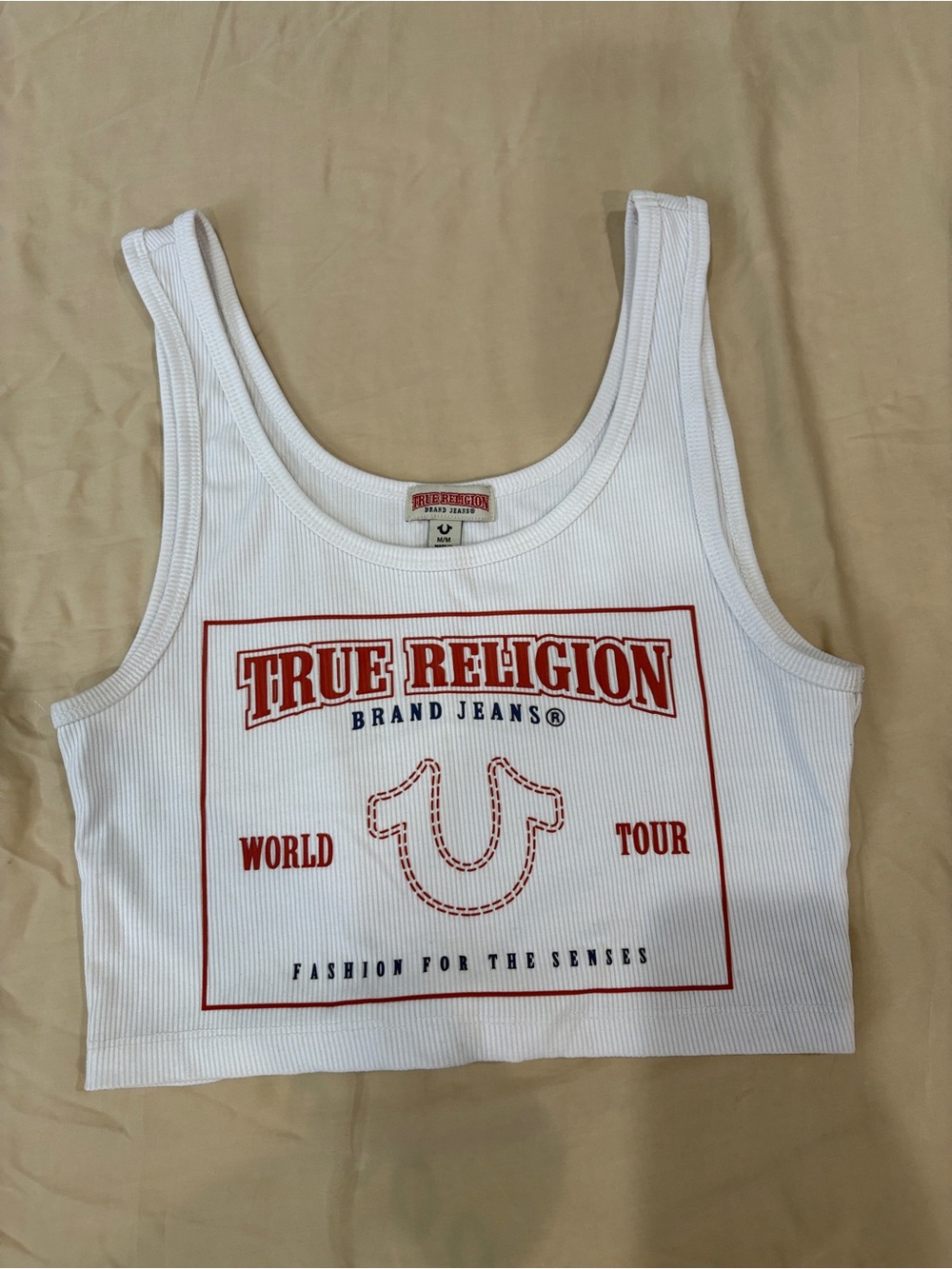 True Religion White Crop Tank Top with Red Graphic Logo